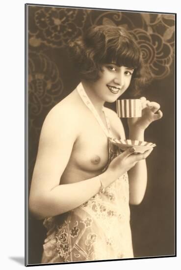 Topless Woman with Cup and Saucer-null-Mounted Art Print