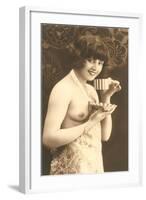 Topless Woman with Cup and Saucer-null-Framed Art Print