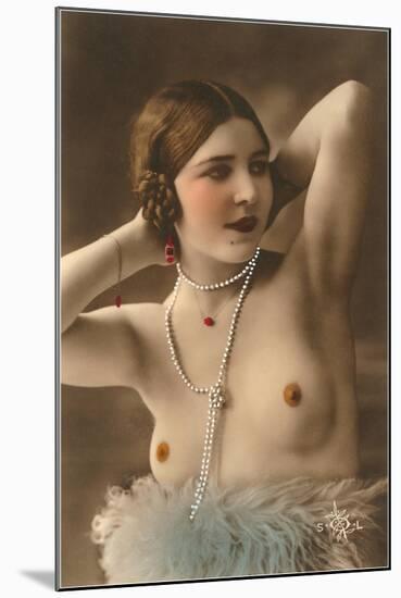 Topless Woman with Feather Boa-null-Mounted Art Print