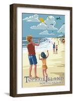 Topsail Island, North Carolina - Kite Flyers-Lantern Press-Framed Art Print