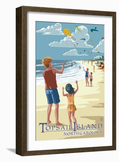 Topsail Island, North Carolina - Kite Flyers-Lantern Press-Framed Art Print