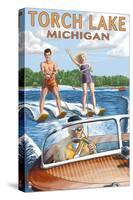 Torch Lake, Michigan - Water Skiing and Wooden Boat-Lantern Press-Stretched Canvas