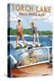 Torch Lake, Michigan - Water Skiing and Wooden Boat-Lantern Press-Stretched Canvas