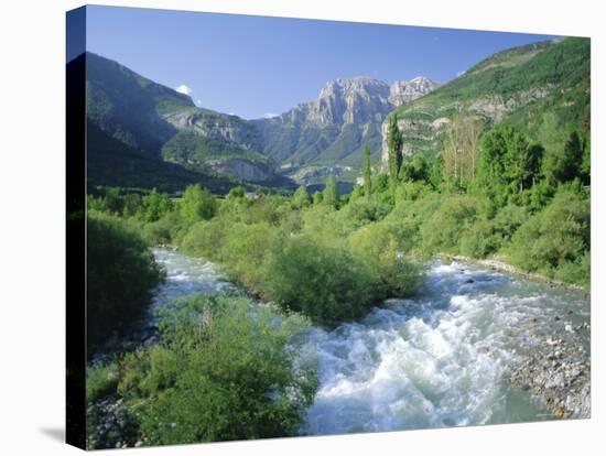 Torla, the River Ara and Distant Mondarruego, Huesca (Pyrenees), Aragon, Spain, Europe-Ruth Tomlinson-Stretched Canvas