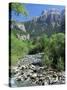 Torla, the River Ara and Mondarruego, Huesca, Pyrenees, Aragon, Spain-Ruth Tomlinson-Stretched Canvas