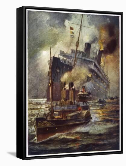 Torpedoed Passenger Steamship is Assisted into Port by Tugs-Charles J. De Lacy-Framed Stretched Canvas