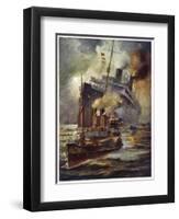 Torpedoed Passenger Steamship is Assisted into Port by Tugs-Charles J. De Lacy-Framed Art Print