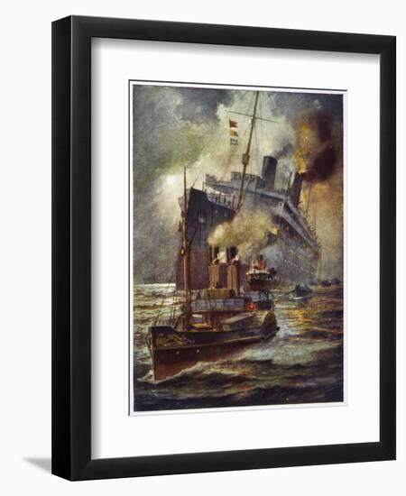 Torpedoed Passenger Steamship is Assisted into Port by Tugs-Charles J. De Lacy-Framed Art Print