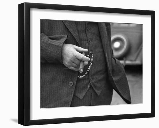 Torso of Police Chief Carl Pugh in Three-Piece Suit as He Holds Cigar, Hand and Watch Chain Visible-Carl Mydans-Framed Premium Photographic Print