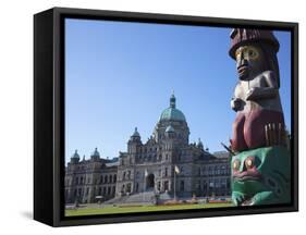 Totem Pole and Parliament Building, Victoria, Vancouver Island, British Columbia, Canada, North Ame-Martin Child-Framed Stretched Canvas