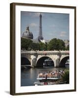 Tour Boat in River Seine with Pont Neuf and Eiffel Tower in the Background, Paris, France-Bruce Yuanyue Bi-Framed Photographic Print