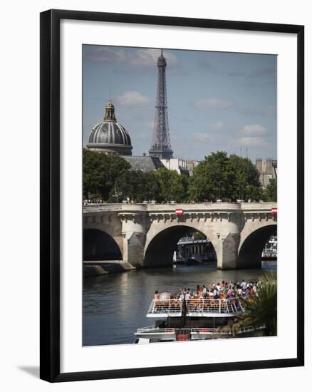 Tour Boat in River Seine with Pont Neuf and Eiffel Tower in the Background, Paris, France-Bruce Yuanyue Bi-Framed Photographic Print