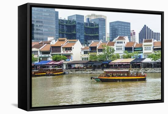 Tour Boat Passing Boat Quay, Singapore, Southeast Asia, Asia-Fraser Hall-Framed Stretched Canvas