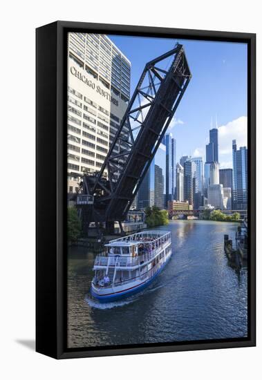 Tour Boat Passing under Raised Disused Railway Bridge on Chicago River, Chicago, Illinois, USA-Amanda Hall-Framed Stretched Canvas