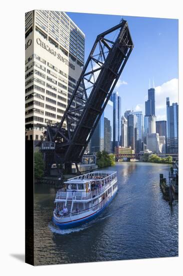 Tour Boat Passing under Raised Disused Railway Bridge on Chicago River, Chicago, Illinois, USA-Amanda Hall-Stretched Canvas