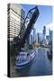 Tour Boat Passing under Raised Disused Railway Bridge on Chicago River, Chicago, Illinois, USA-Amanda Hall-Stretched Canvas