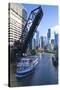 Tour Boat Passing under Raised Disused Railway Bridge on Chicago River, Chicago, Illinois, USA-Amanda Hall-Stretched Canvas