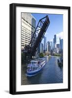 Tour Boat Passing under Raised Disused Railway Bridge on Chicago River, Chicago, Illinois, USA-Amanda Hall-Framed Photographic Print