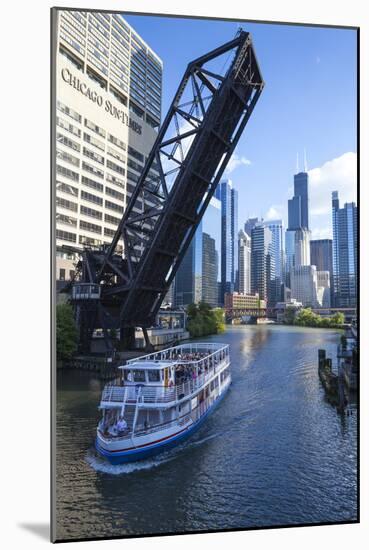 Tour Boat Passing under Raised Disused Railway Bridge on Chicago River, Chicago, Illinois, USA-Amanda Hall-Mounted Photographic Print