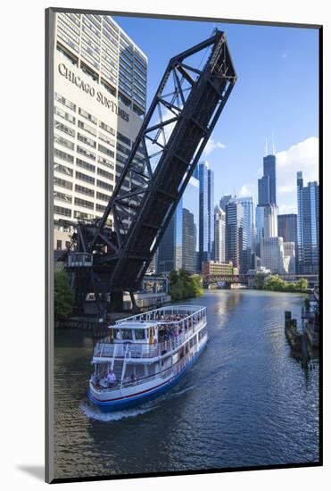 Tour Boat Passing under Raised Disused Railway Bridge on Chicago River, Chicago, Illinois, USA-Amanda Hall-Mounted Photographic Print