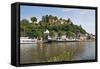 Tour Boats with Castle Ruin in Saarburg on Saar River, Rhineland-Palatinate, Germany, Europe-Hans-Peter Merten-Framed Stretched Canvas