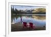 Tourist and Red Chairs by Lake Edith, Jasper National Park, UNESCO World Heritage Site, Canadian Ro-JIA JIAHE-Framed Photographic Print