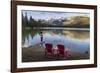 Tourist and Red Chairs by Lake Edith, Jasper National Park, UNESCO World Heritage Site, Canadian Ro-JIA JIAHE-Framed Photographic Print