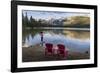 Tourist and Red Chairs by Lake Edith, Jasper National Park, UNESCO World Heritage Site, Canadian Ro-JIA JIAHE-Framed Photographic Print