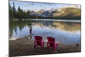 Tourist and Red Chairs by Lake Edith, Jasper National Park, UNESCO World Heritage Site, Canadian Ro-JIA JIAHE-Mounted Photographic Print