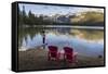 Tourist and Red Chairs by Lake Edith, Jasper National Park, UNESCO World Heritage Site, Canadian Ro-JIA JIAHE-Framed Stretched Canvas