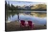 Tourist and Red Chairs by Lake Edith, Jasper National Park, UNESCO World Heritage Site, Canadian Ro-JIA JIAHE-Stretched Canvas