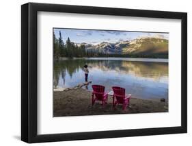 Tourist and Red Chairs by Lake Edith, Jasper National Park, UNESCO World Heritage Site, Canadian Ro-JIA JIAHE-Framed Photographic Print