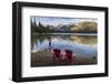 Tourist and Red Chairs by Lake Edith, Jasper National Park, UNESCO World Heritage Site, Canadian Ro-JIA JIAHE-Framed Photographic Print