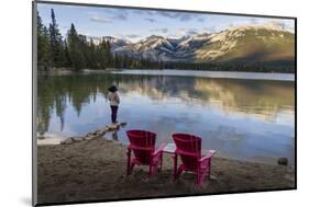 Tourist and Red Chairs by Lake Edith, Jasper National Park, UNESCO World Heritage Site, Canadian Ro-JIA JIAHE-Mounted Photographic Print
