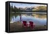 Tourist and Red Chairs by Lake Edith, Jasper National Park, UNESCO World Heritage Site, Canadian Ro-JIA JIAHE-Framed Stretched Canvas