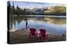 Tourist and Red Chairs by Lake Edith, Jasper National Park, UNESCO World Heritage Site, Canadian Ro-JIA JIAHE-Stretched Canvas