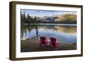 Tourist and Red Chairs by Lake Edith, Jasper National Park, UNESCO World Heritage Site, Canadian Ro-JIA JIAHE-Framed Photographic Print