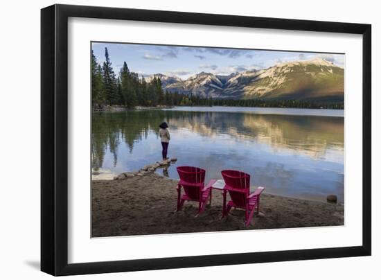 Tourist and Red Chairs by Lake Edith, Jasper National Park, UNESCO World Heritage Site, Canadian Ro-JIA JIAHE-Framed Photographic Print