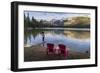 Tourist and Red Chairs by Lake Edith, Jasper National Park, UNESCO World Heritage Site, Canadian Ro-JIA JIAHE-Framed Photographic Print