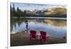 Tourist and Red Chairs by Lake Edith, Jasper National Park, UNESCO World Heritage Site, Canadian Ro-JIA JIAHE-Framed Photographic Print