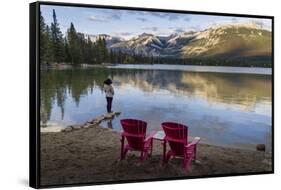Tourist and Red Chairs by Lake Edith, Jasper National Park, UNESCO World Heritage Site, Canadian Ro-JIA JIAHE-Framed Stretched Canvas