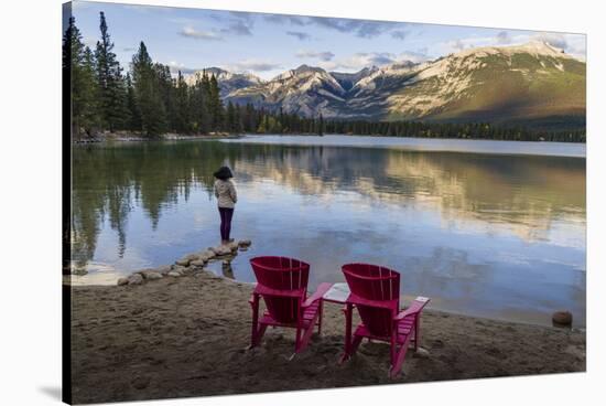 Tourist and Red Chairs by Lake Edith, Jasper National Park, UNESCO World Heritage Site, Canadian Ro-JIA JIAHE-Stretched Canvas
