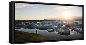 Tourist at Jokulsarlon Glacier Lagoon at Sunset, South East Iceland, Iceland, Polar Regions-Matthew Williams-Ellis-Framed Stretched Canvas