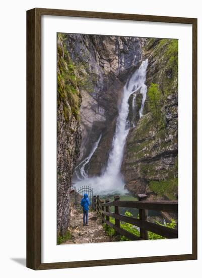 Tourist at Savica Waterfall Near Lake Bohinj, Triglav National Park, Julian Alps, Slovenia, Europe-Matthew Williams-Ellis-Framed Photographic Print