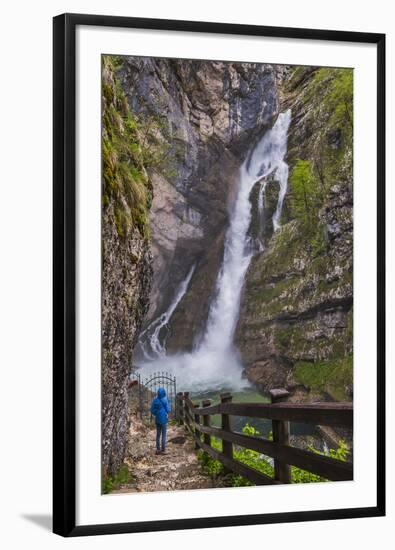 Tourist at Savica Waterfall Near Lake Bohinj, Triglav National Park, Julian Alps, Slovenia, Europe-Matthew Williams-Ellis-Framed Photographic Print