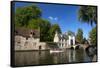 Tourist boat, at the Minnewater Lake and Begijnhof Bridge with entrance to Beguinage, Bruges, Belgi-Peter Barritt-Framed Stretched Canvas