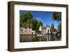 Tourist boat, at the Minnewater Lake and Begijnhof Bridge with entrance to Beguinage, Bruges, Belgi-Peter Barritt-Framed Photographic Print