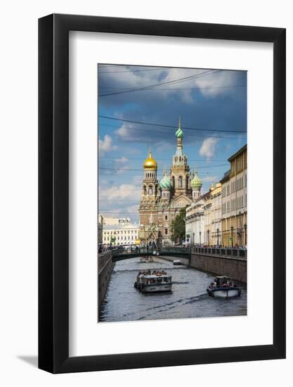 Tourist Boat in Front of the Church of the Saviour on Spilled Blood, St. Petersburg, Russia, Europe-Michael Runkel-Framed Photographic Print