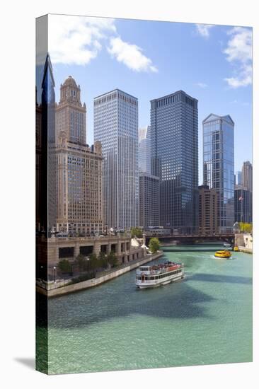 Tourist Boat on Chicago River with Glass Towers Behind on West Wacker Drive, Chicago, Illinois, USA-Amanda Hall-Stretched Canvas