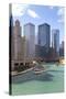 Tourist Boat on Chicago River with Glass Towers Behind on West Wacker Drive, Chicago, Illinois, USA-Amanda Hall-Stretched Canvas